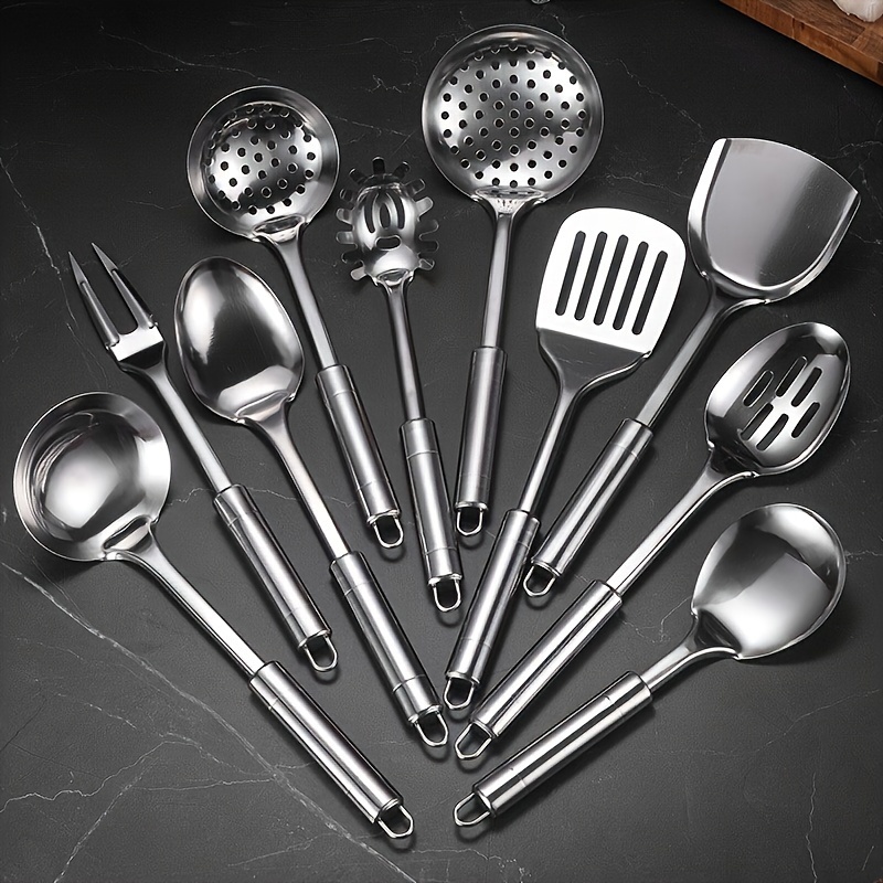 TEMU 10pcs/set Stainless Steel Serving Utensil Set - Kitchen Cooking Tools, & Dishwasher Safe, Essential Gadgets For & Culinary Lovers, Suitable For