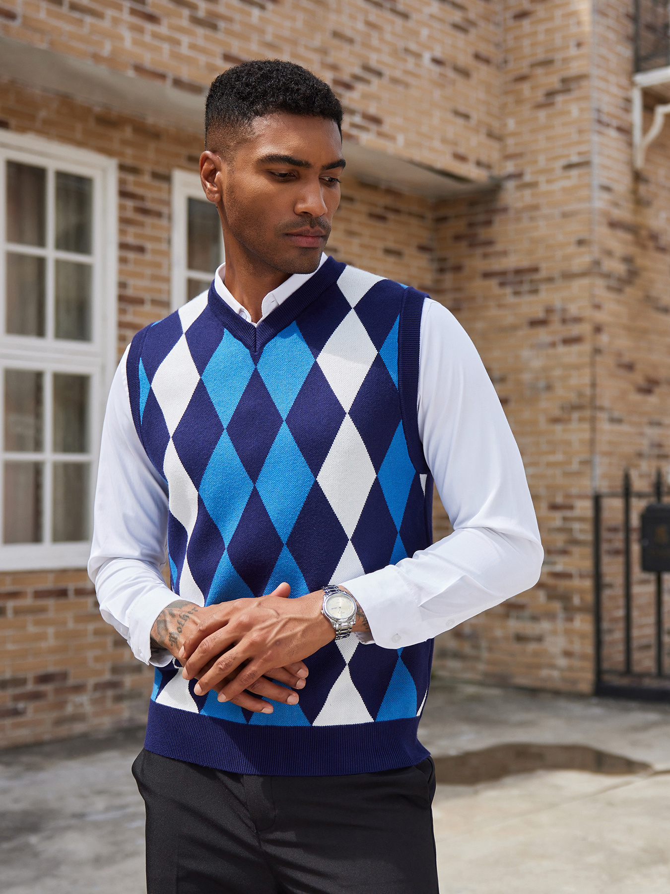 Ubuy Mens Argyle Sweater Argyle Sweater Men's V Neck Sweater - Main Image