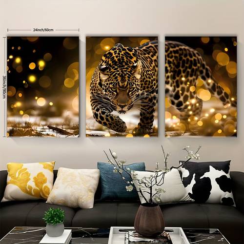 3pcs leopard print canvas art set with golden background modern wooden framed wall decor for living room bedroom home office jet printed panels