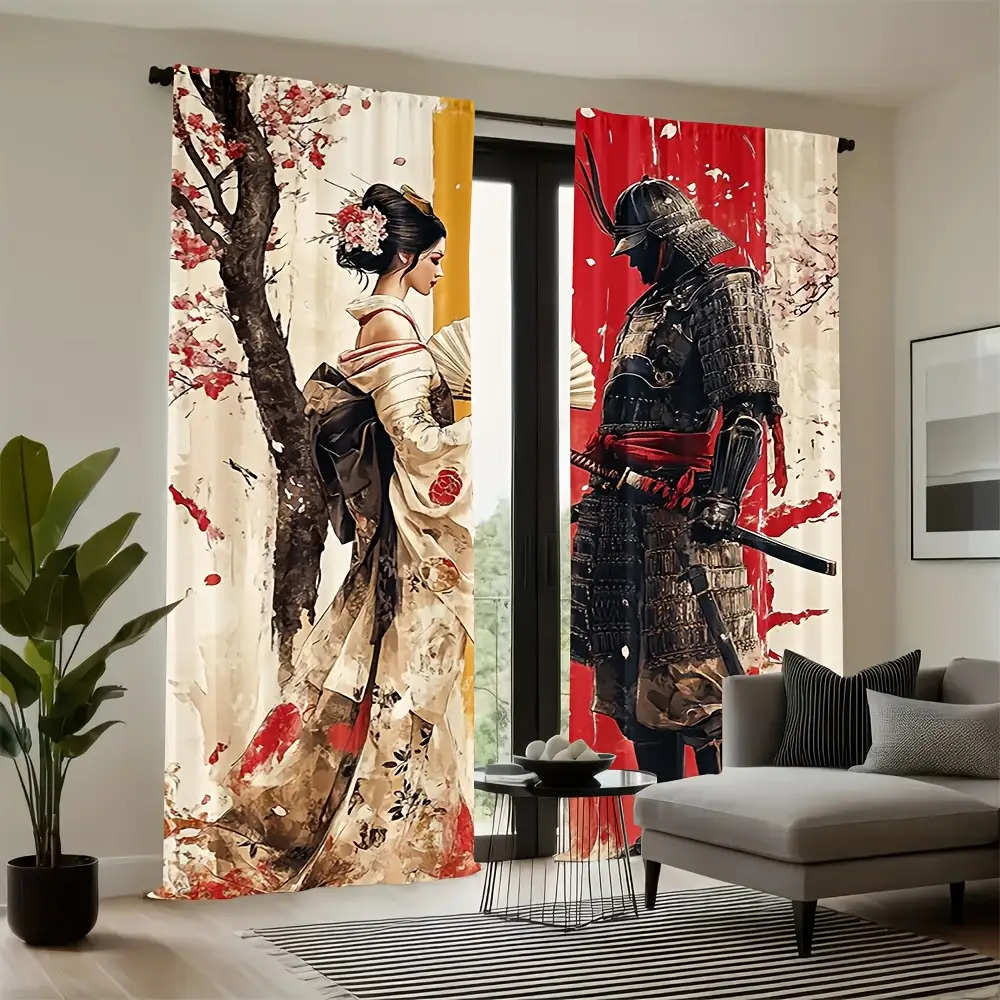 TEMU 2d Flat, 2d Plane - 2d Plane - Japanese Kimono Curtain Set, Includes 2pcs, Features A Vintage Design With Cherry Patterns, Made Of