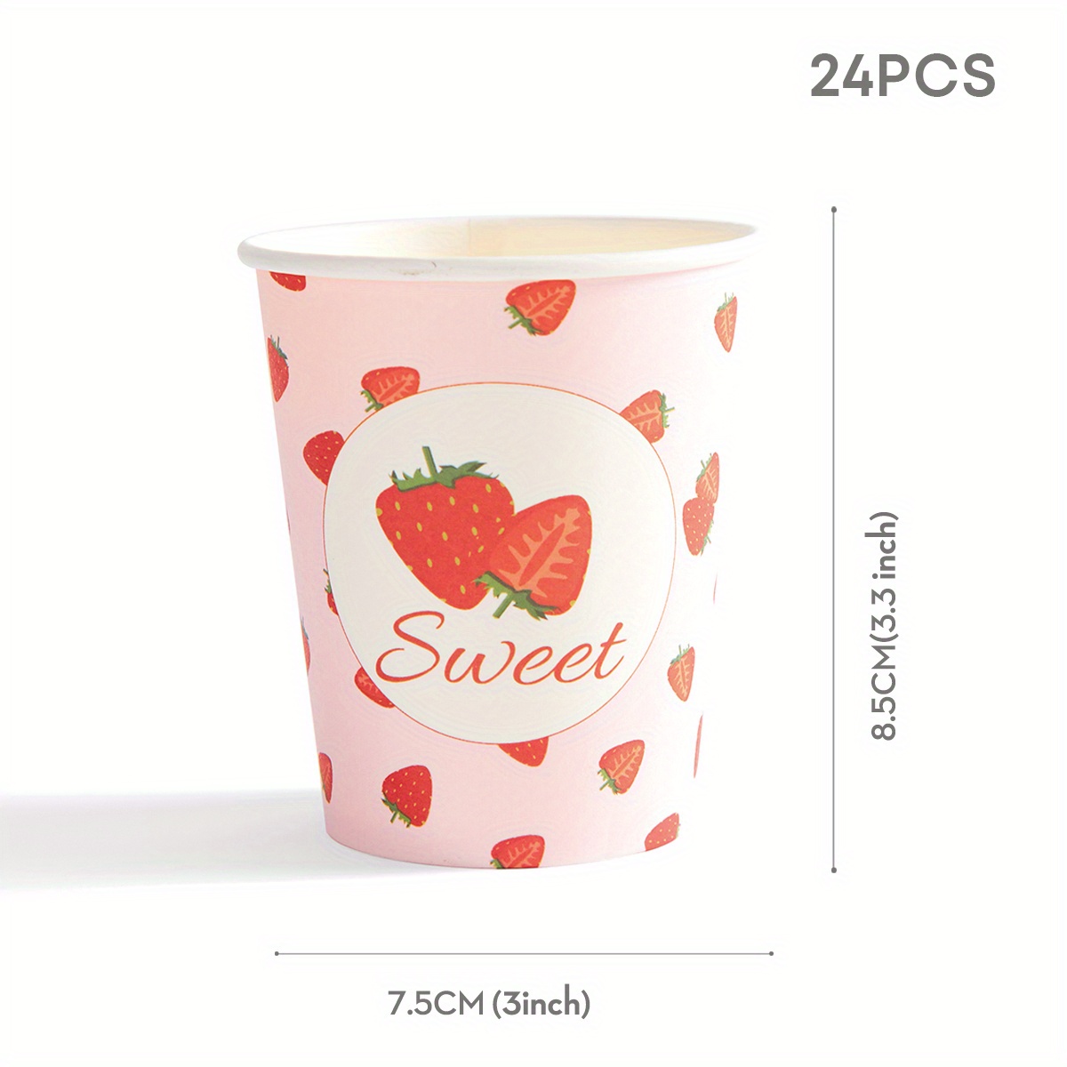 Image of 10/24 Pack Strawberry Themed 9oz Paper Cups, Disposable Birthday Party Supplies, Hand Wash Only, Water-based Varnish Coated, Food Contact Safe, Summer Fruit Party Decorations