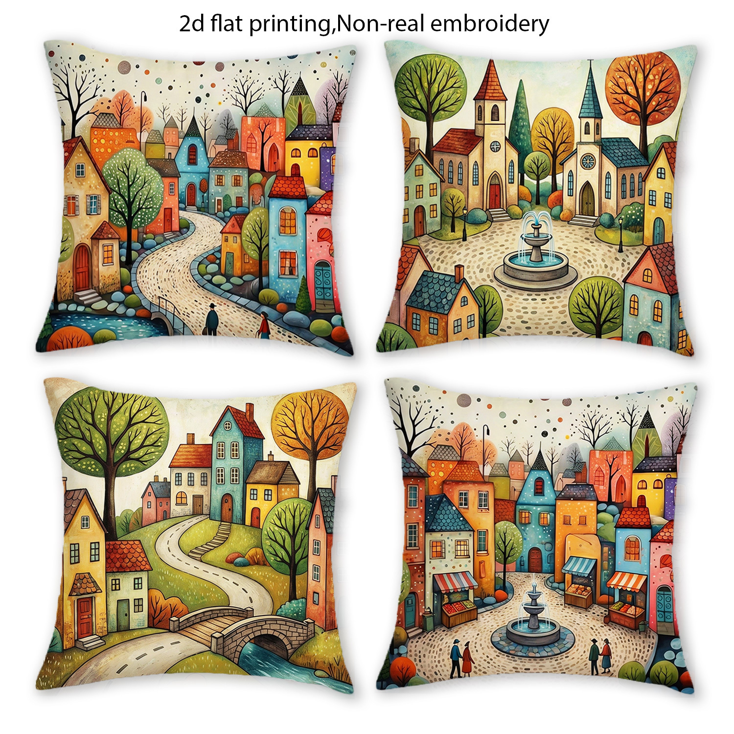 TEMU 4pcs Fairy Building Scenery Printed Pillowcases, Whimsical Illustration Style Home Decor Pillow Covers, Gifts For Family, , , Zipper Closure