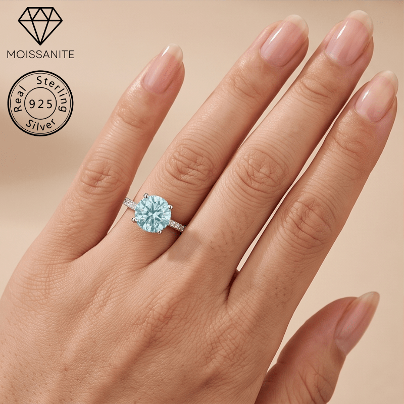 1/2/3/5 Carat 925 Silver Light Blue Moissanite Four-Claw Ring