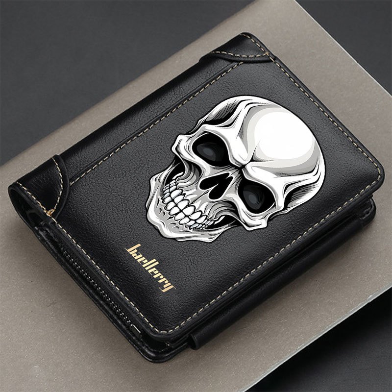 1pc Men's Bifold Wallet Featuring A Skull Design, Made Of Faux Leather, Includes A Card Holder And A Zippered Coin Pocket, An Innovative Gift Idea For Men