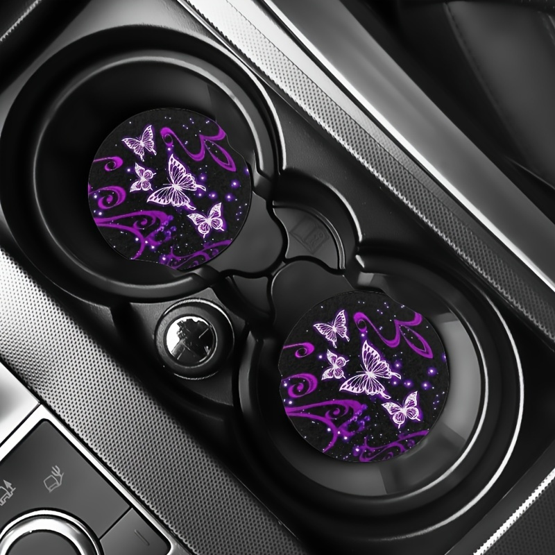 2pcs Purple Absorbent Car Cup Holder Coaster Mats - Car Coasters Car Interior Accessories For Women, Water Cup Coasters For Car Vehicles & Home Desk
