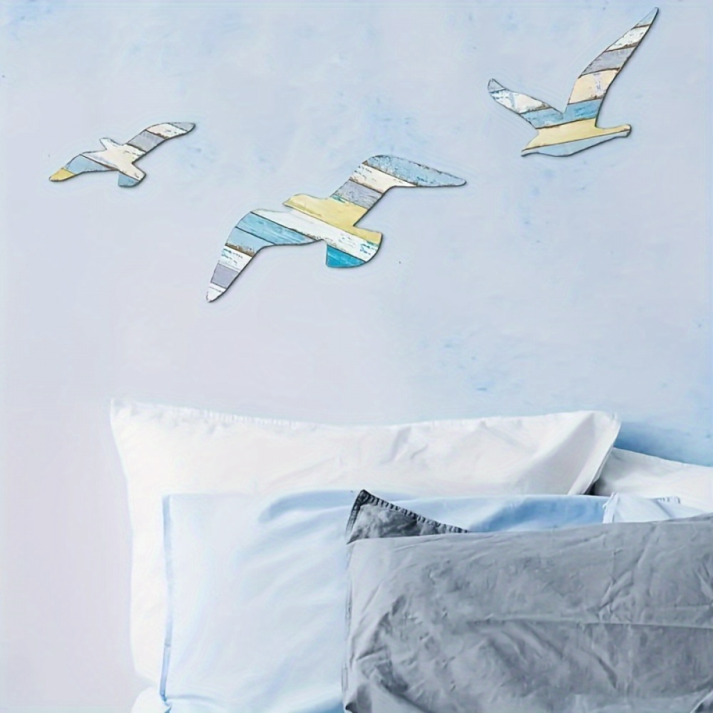 Lot 3 Décorations Murales Bois Mouettes – Thème Nautique Marin Vintage – Idéal Plage, Maison Bord De Mer, Salon, Chambre