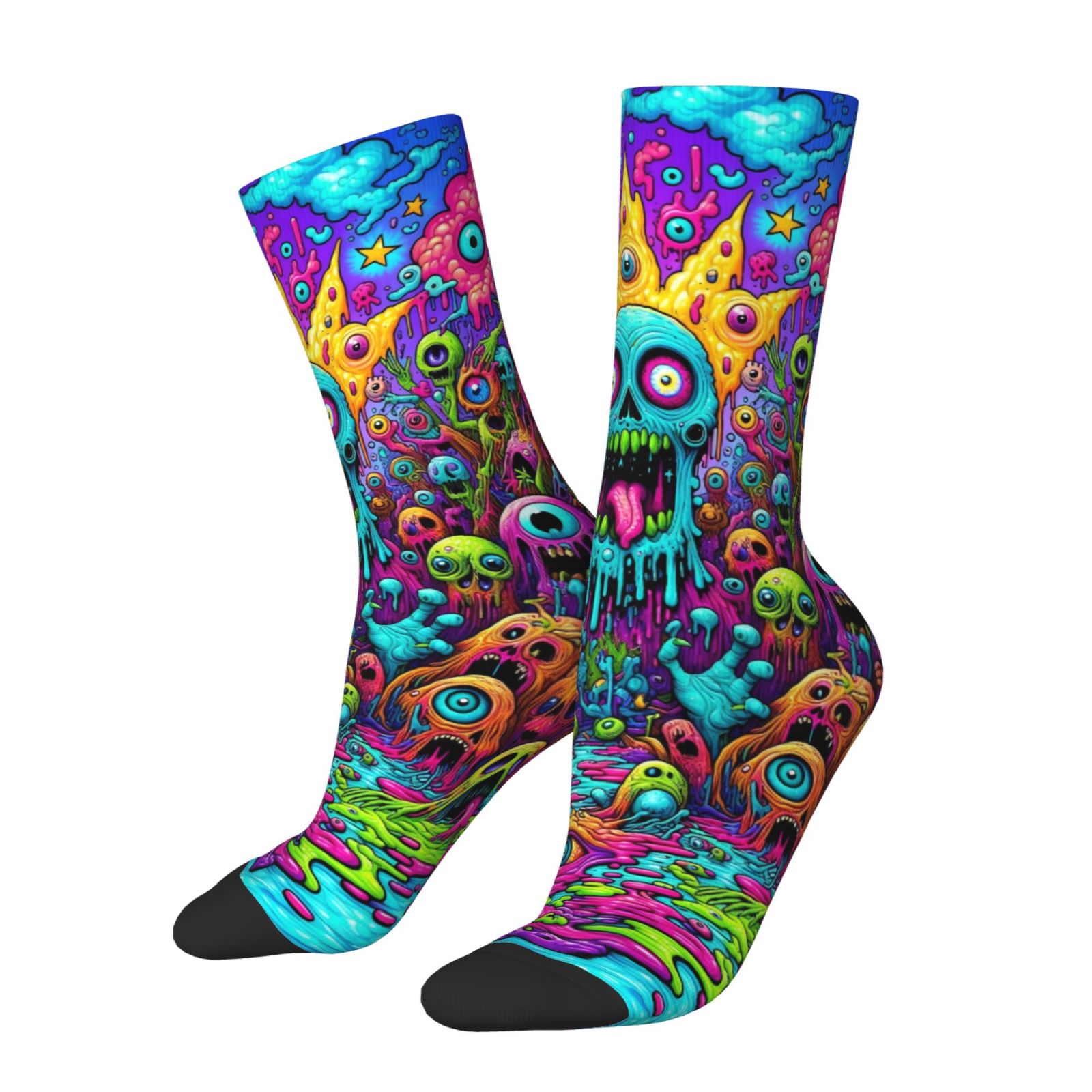 TEMU A Pair Of Unisex Outdoor Socks Featuring Halloween Monster Patterns, Mid-calf Length, Machine Washable, Suitable For Outdoor Sports Enthusiasts,