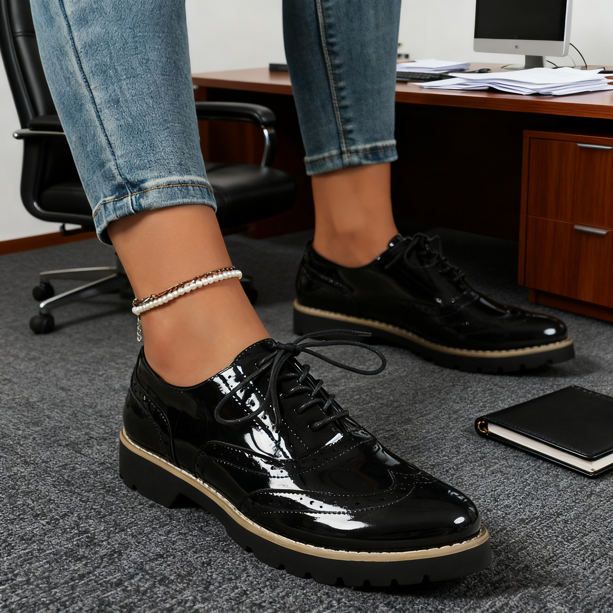 Image of Women's Patent Brogue Oxford Shoes, Lace - Up Casual Shoes - Ideal For Office, Daily Wear & Fashionable Outfits, Women Shoes