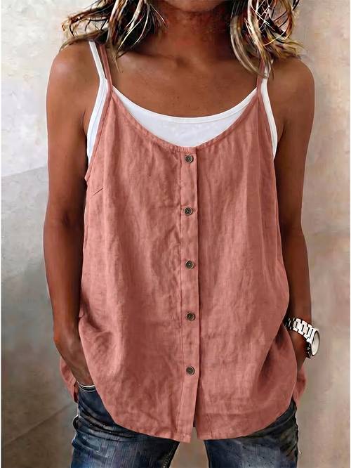 新款夏季 - 亚麻细肩带背心:波西米亚风复古风,带纽扣点缀,轻盈宽松,非常适合作为女士的叠穿单品
