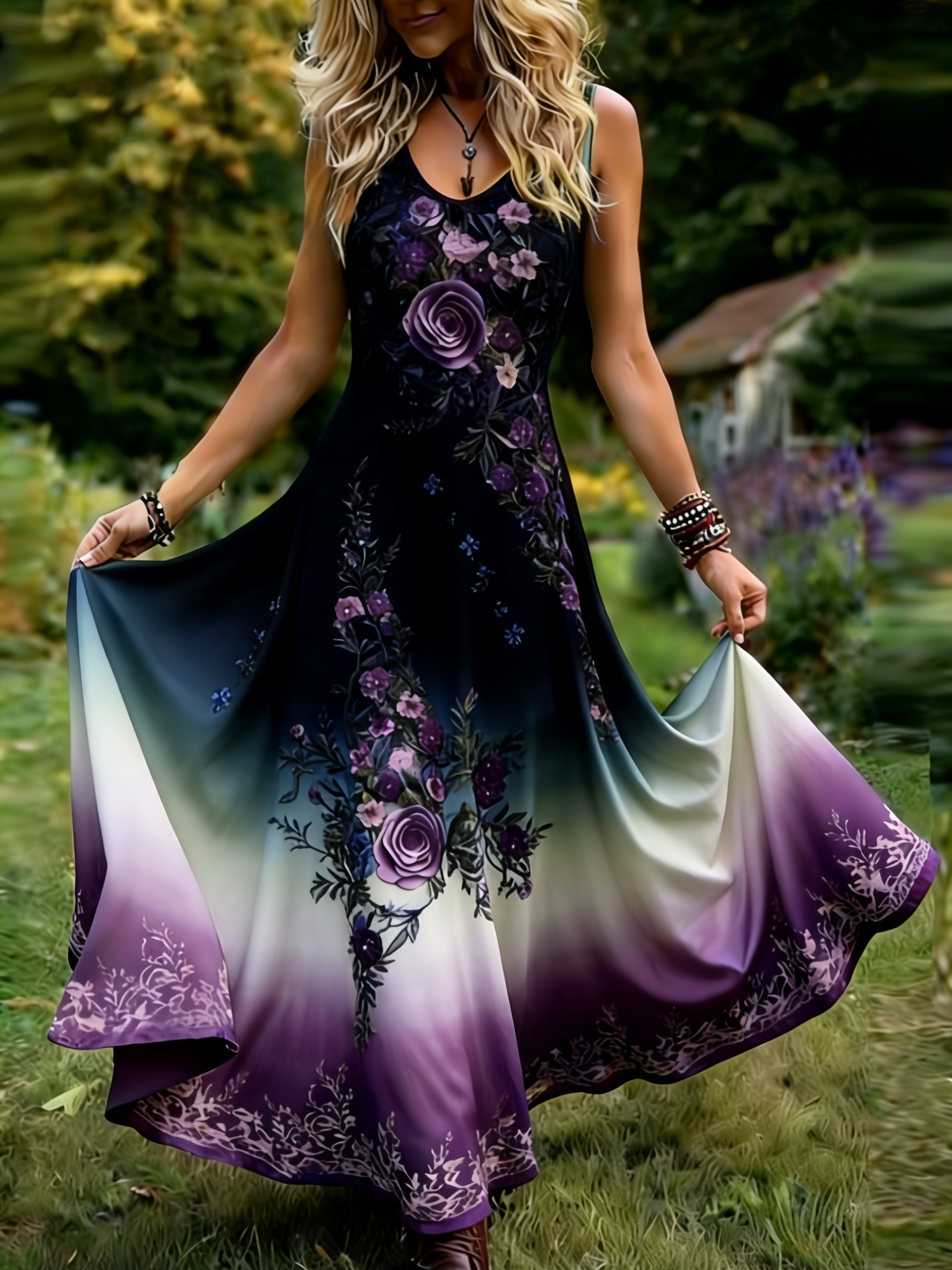 Women's Summer * Vintage Sleeveless Flowing Long Dress Green-Purple  Gradient Rose Print Flared Dress