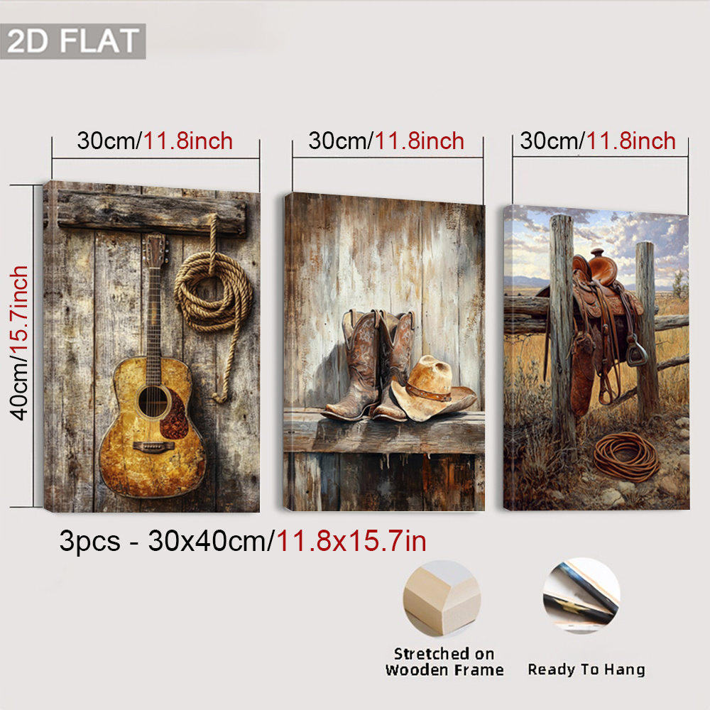 TEMU 2d Flat, 3pcs Framed Western Style Wall Art, Rustic Wooden Canvas Paintings, Vintage Cowboy Wall Arts, Country Lifestyle Art Prints Decorations,