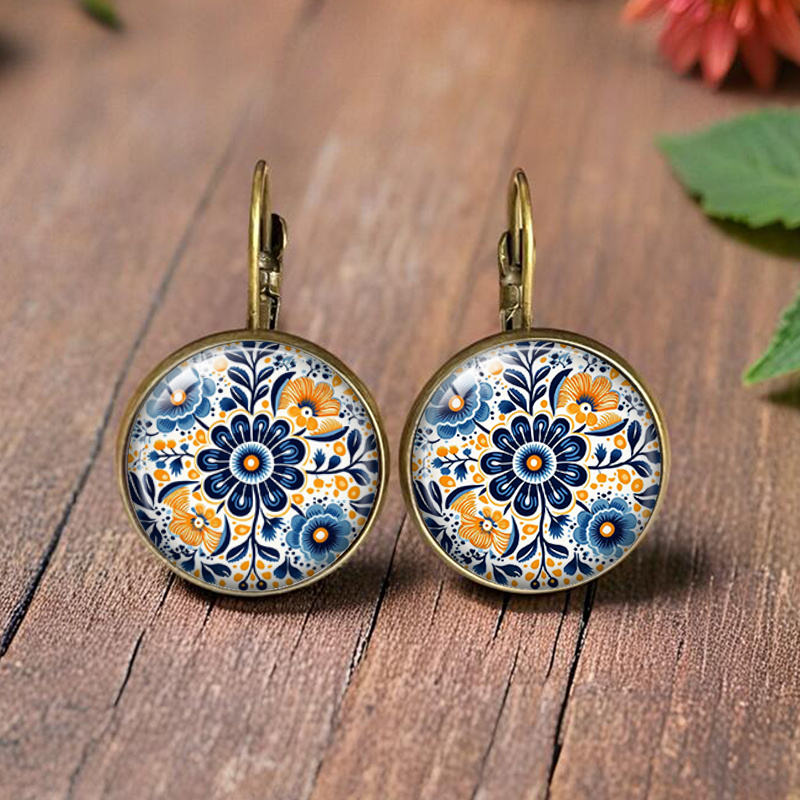 TEMU Pendientes redondos de vidrio ilustrados con flores amarillas y azules de estilo minimalista, joyería de moda, regalo, sin batería