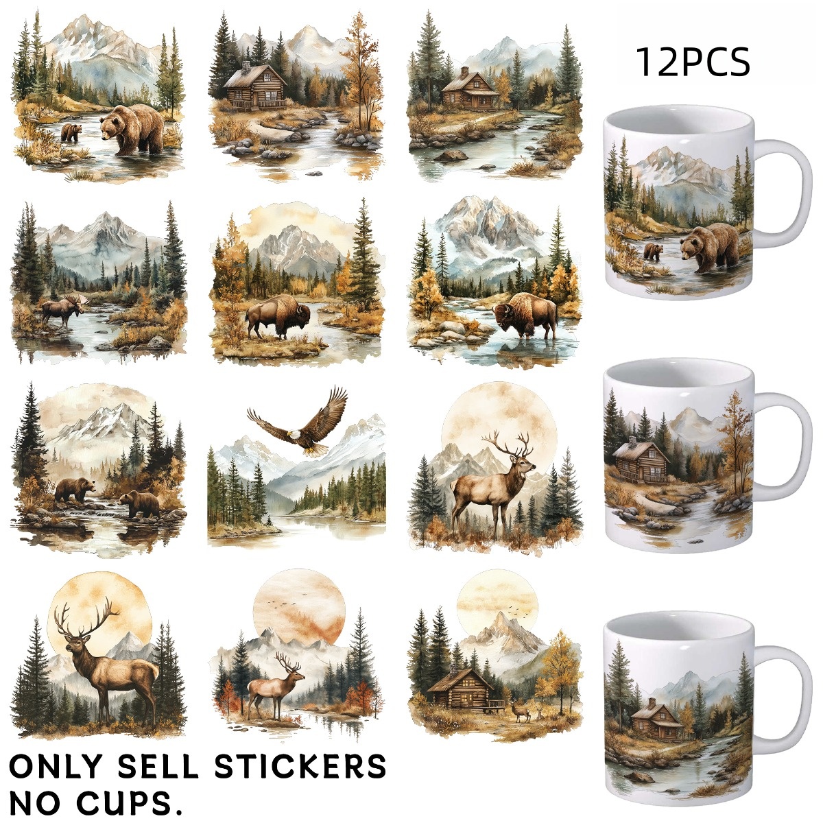 TEMU 12pcs Film de transfert UV DTF en papier décoratif haute viscosité avec motif de cerfs de forêt aquarelle, adapté au papier de transfert de