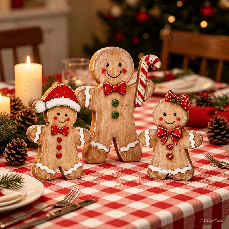 TEMU Rustic Farmhouse Style Wood Multi-tier Tray Tabletop Ornament, Includes Gingerbread For Man, Santa Hat, Candy Cane, And Bow Decorations -