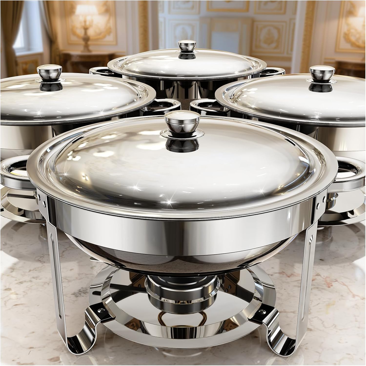 Image of Round Chafing Dishes For Buffet (5qt, 2/4 Pack), Chafers And Buffet Warmers Sets With Mirror-polished Stainless Steel, Rolled Rim, Stackable, Lid Holder For Parties, Catering, Weddings- Cooking