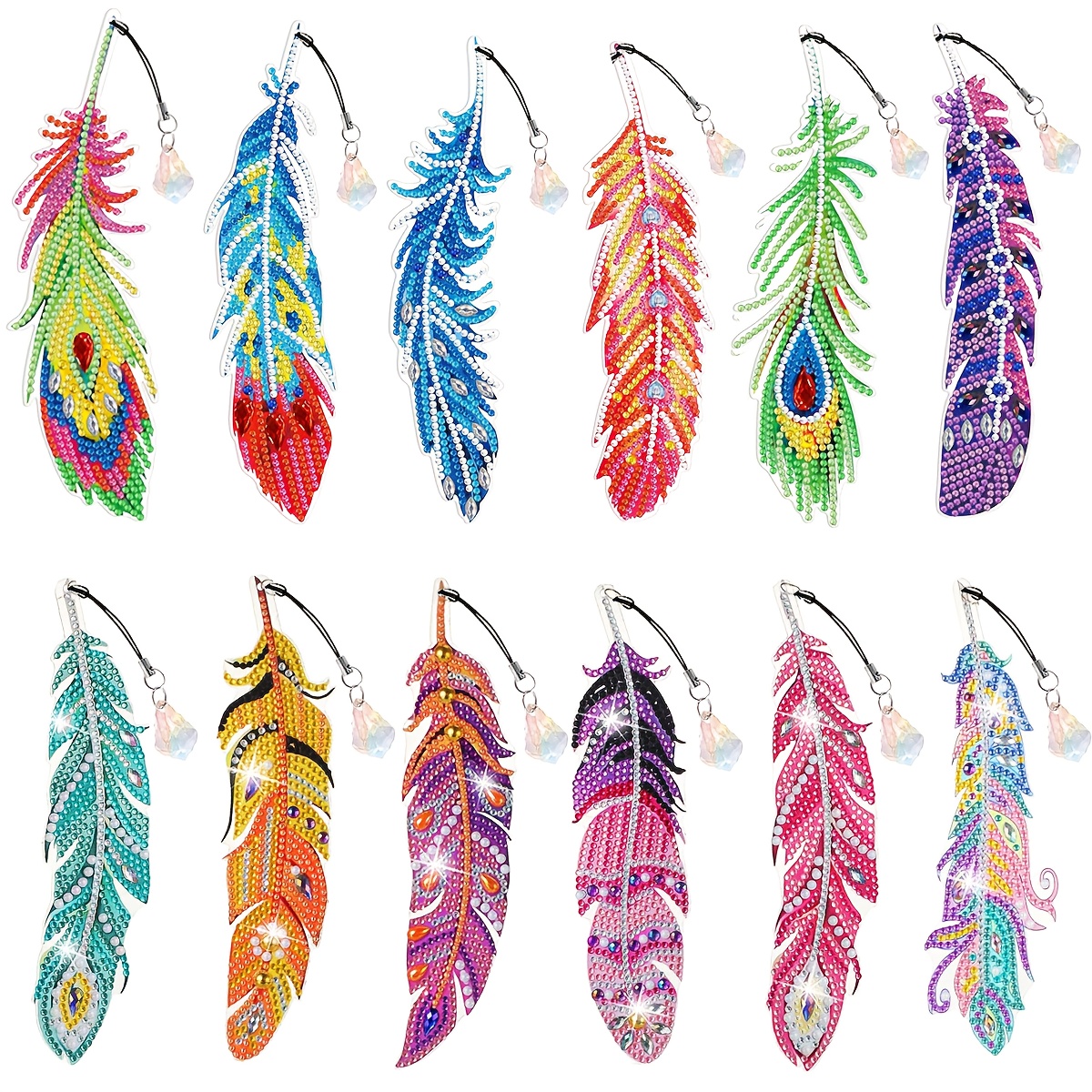 Image of 12-pack Diamond Painting Bookmarks Feather Bookmarks For Home Office School Classroom With Crystal Pendant Bookmarks Handmade Art Diamond Painting Suitable For Beginners Christmas Gift