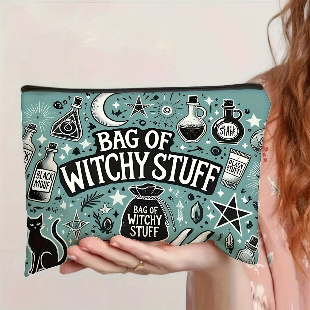 TEMU 1pc Elegante Neceser de Maquillaje Miko - Bolsa Ultra Delgada con Cremallera, Diseño de Cara, Material, con de Bruja de Luna y Estrella, Ideal
