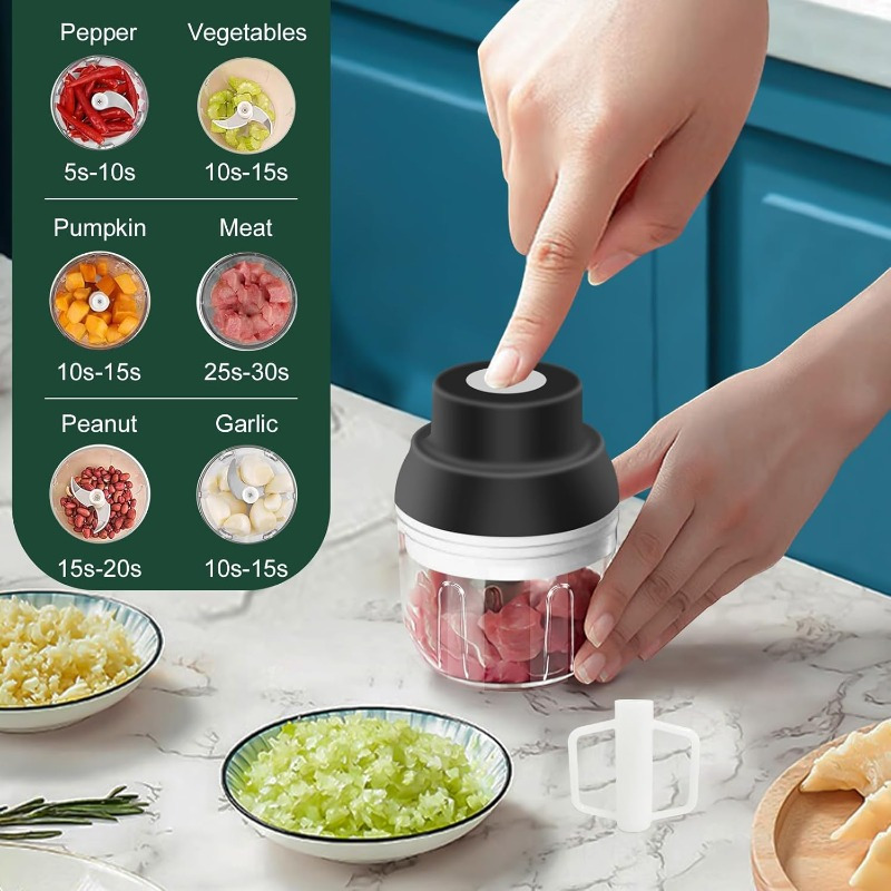 1-touch electric garlic chopper with usb-powered motor & 8.45oz large cup - 45w powerful mini food processor, safety lock, 304 blade & bpa-free pp bowl, compact portable design with ergonomic handle &   operation for garlic, onion, ginger, chili, meat, nuts, vegetables - ideal for small kitchens, camping, picnic, bbq (usb-powered, 3-hour charge) - Product details 6