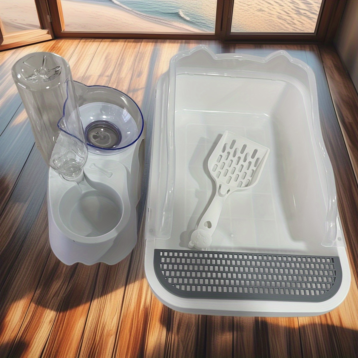 3pcs White Cat Care Suit: Durable ABS Slope Cat Litter Box with Automatic Water Adding Function, Includes Cat Litter Scoop and Double PP Drinking Bowls- Suitable for Cats, Cat Care Essentials| Practical Pet Supplies| Easy-to-clean materials