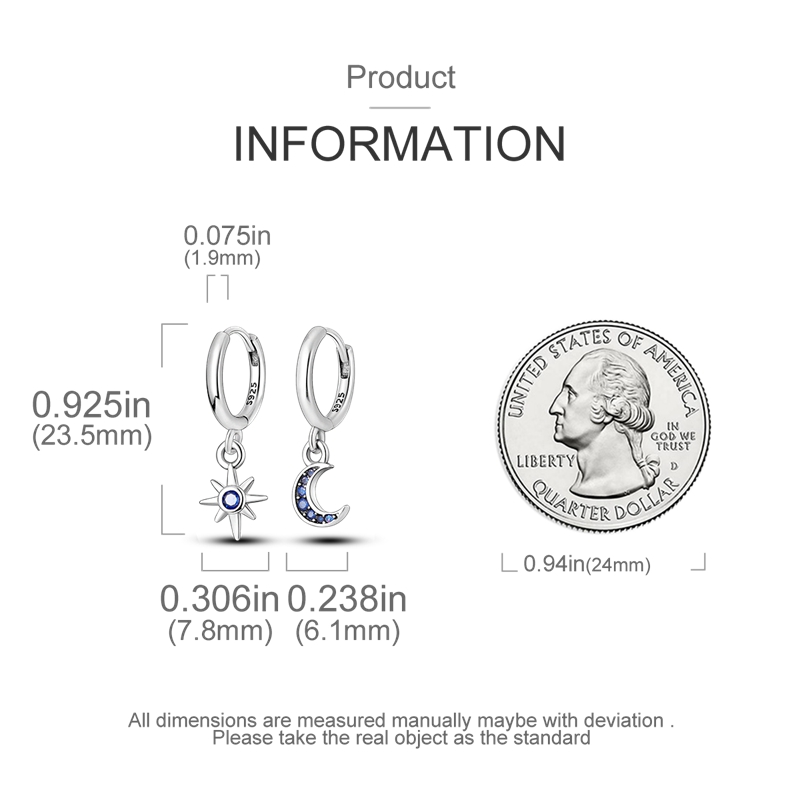 Women's 925 Sterling Silver Moon and Star Earrings, Minimalist
