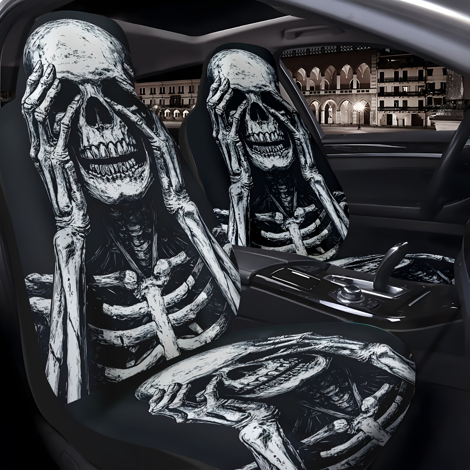 Image of Set Of 2 Car Seat Covers Featuring A Skeleton , Designed For And , And Clean, Suitable For Most Front Seats
