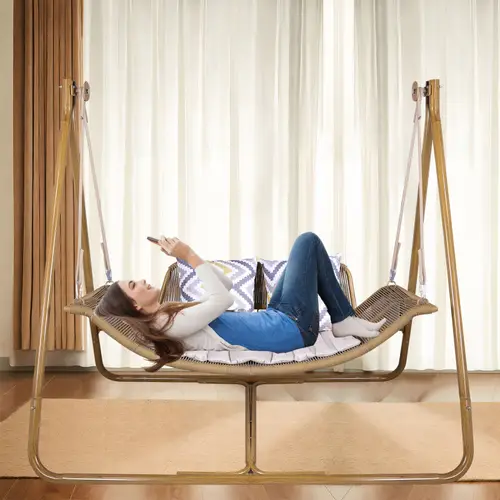 oversized double hammock swing chair with stand anti rust wood colored alloy frame 570 lbs capacity cushioned seat for indoor outdoor use patio balcony bedroom gift bedroom swing chair durable outdoor furniture