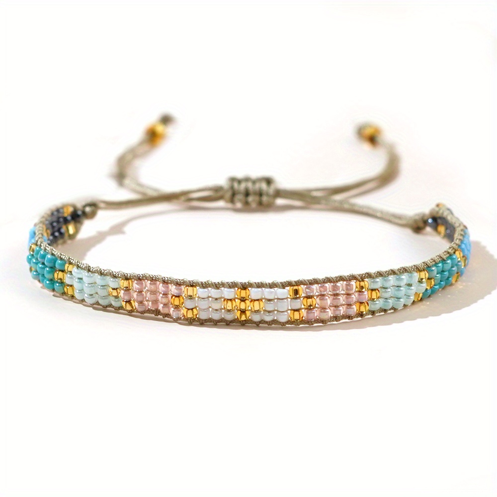 1pc Bohemian Retro Adjustable 3-row Bracelet - Multicolor Glass Bead Arrow & Cross Charms, Elastic For Casual Attire &