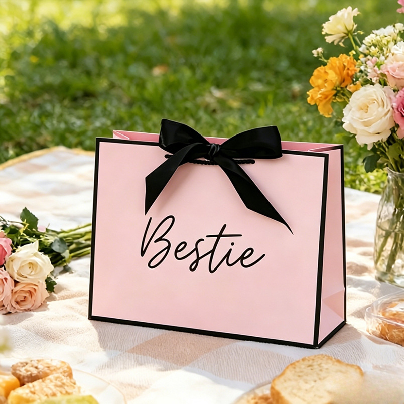 TEMU Gift For Her/him 1pc Border For Bestie Letter Print Gift Bag With Black Satin Bow | Paper Handheld Bag | Ideal For Best Friend Birthday,