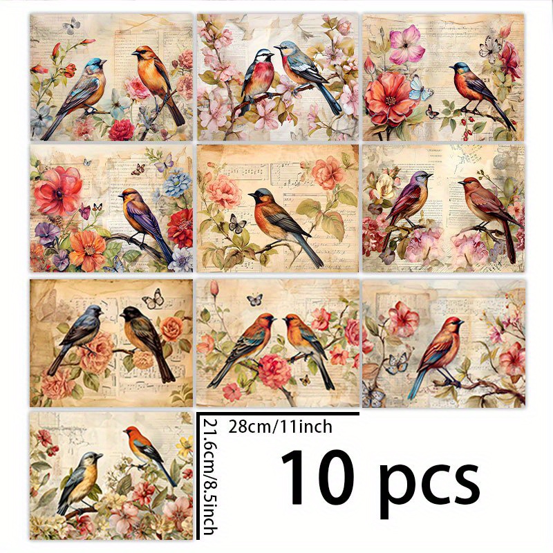 TEMU 1 Set Of 10 Sheets (11*8.5 Inches) Bird On The Tip Of The Eyebrow Background Material Decoration Retro Diary Junk Journal Greeting Card Planner