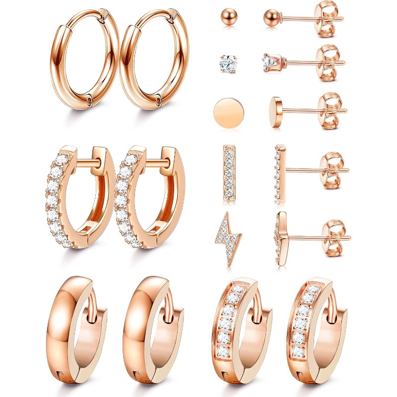 9 Pairs Huggie Stud Earrings Sets Tiny Dot Zirconia Bar For Multi-point Piercing Daily Party