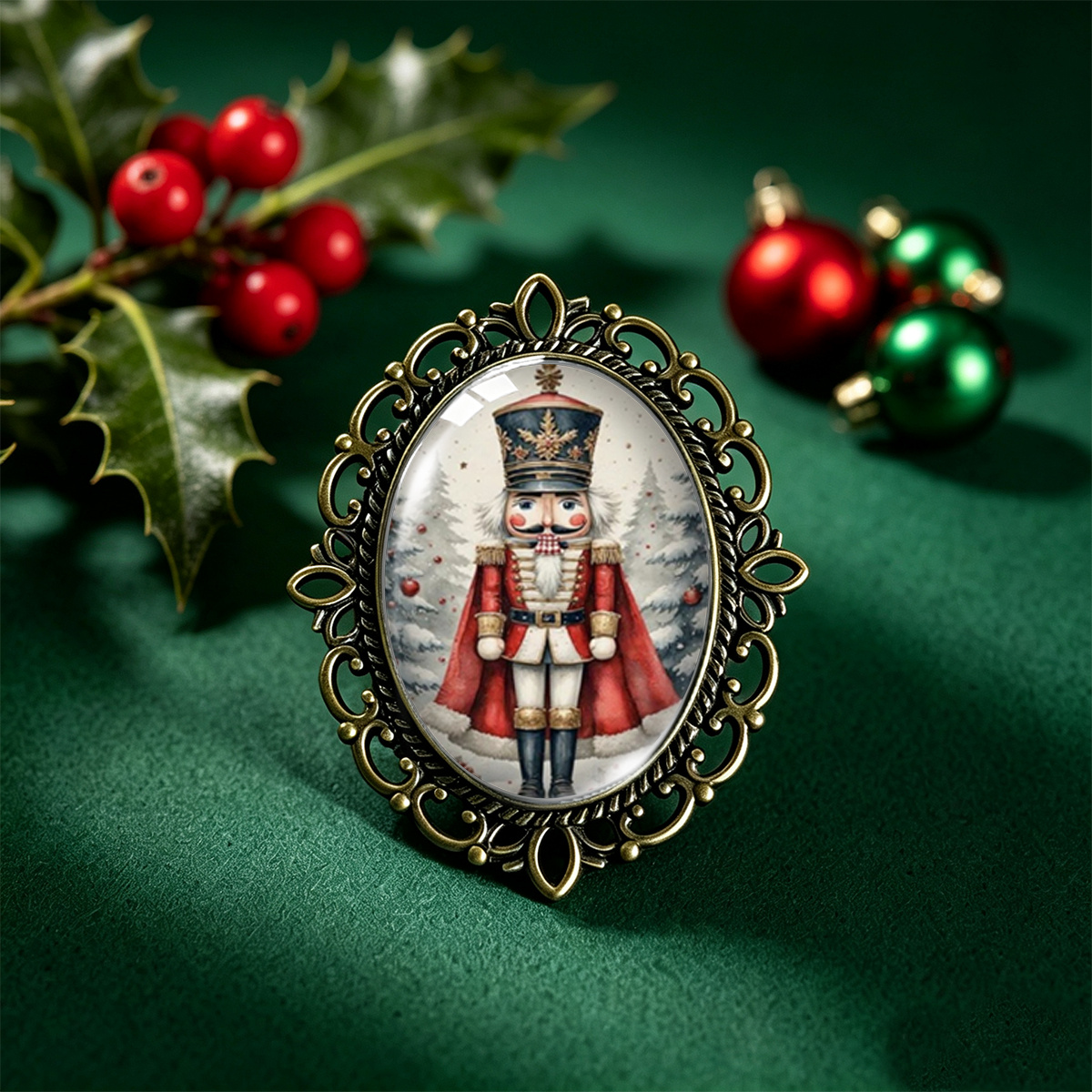 TEMU 1pc Painted Red Cape Retro Nutcracker Soldier Snow Scene Pattern Tale Classical Vintage Vintage Bronze Oval Lace Glass Brooch