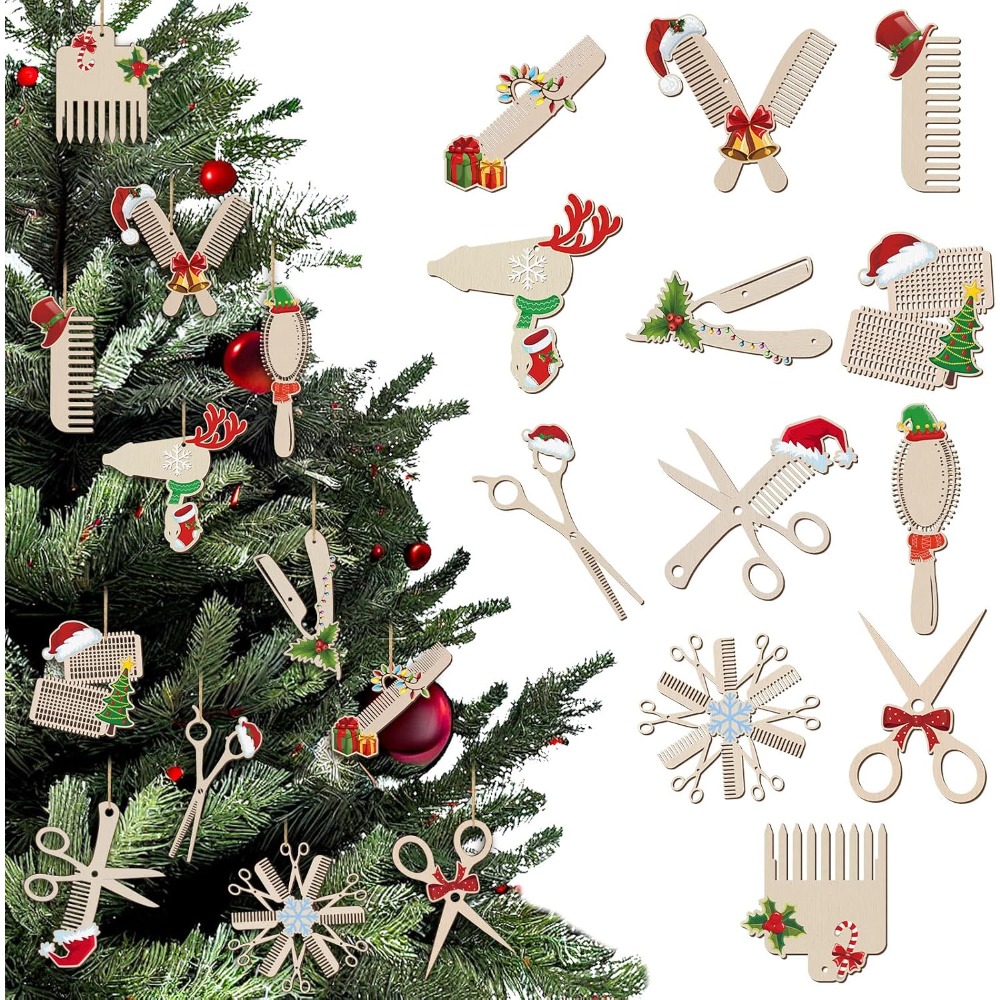 TEMU 24pcs Hairdresser Christmas Ornaments Barber Hair Salon Christmas Tree Wooden Hanging Ornaments Decoration Xmas Holiday For Women And Men, 12
