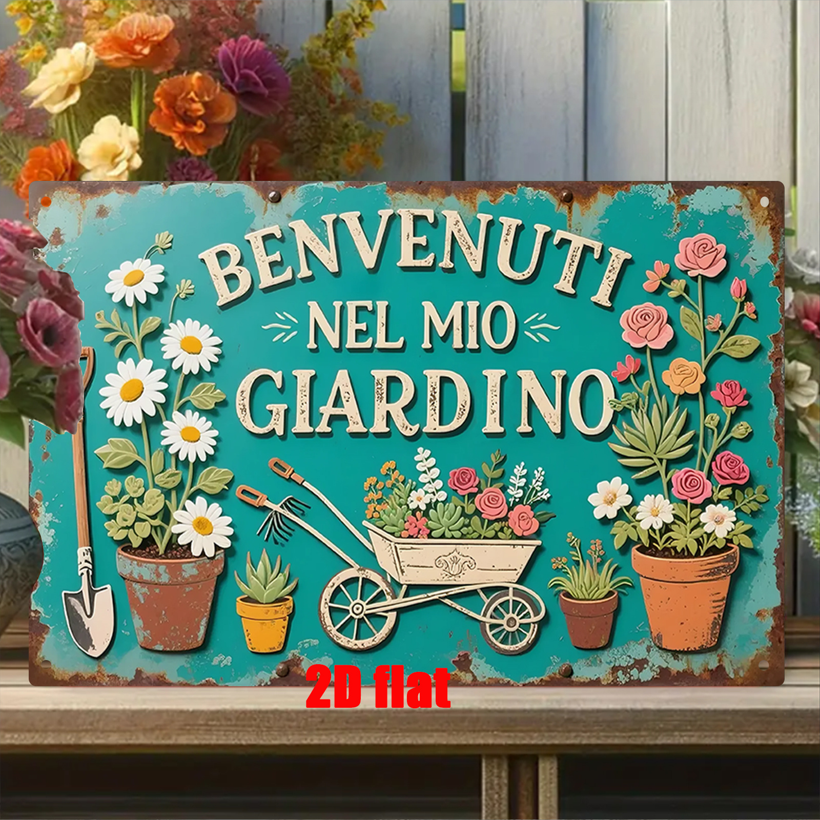 TEMU Piatto 2D, Targa da parete in metallo piatta 2D, Targa decorativa per la casa, "Benvenuti nel mio giardino" in , Adatta per , giardino, balcone,