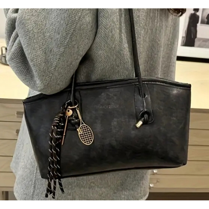 Sac à Main Bandoulière Noir Avec Sangle Marron - Fausse Cuir - Occasion Bon état