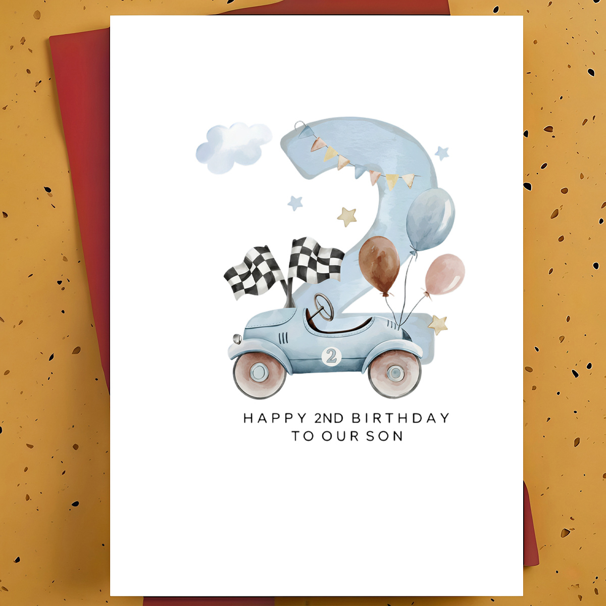 TEMU 1pc 2nd Birthday Greeting Card For Son Brother – Vintage Race Car Balloon Watercolor Hand-drawn, Birthday Card, With Envelope