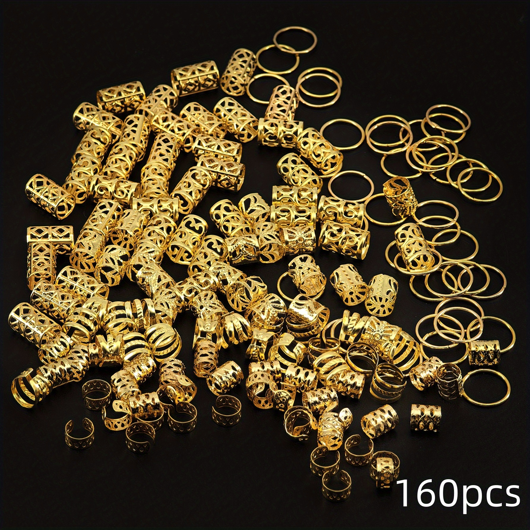 Image of 160pcs/set Bohemian Style Mini Dreadlock Beads Vintage Hollow Hair Rings Hair Cuff Hair Pins Loops Hair Accessories Loc Hair Jewelry For Braids