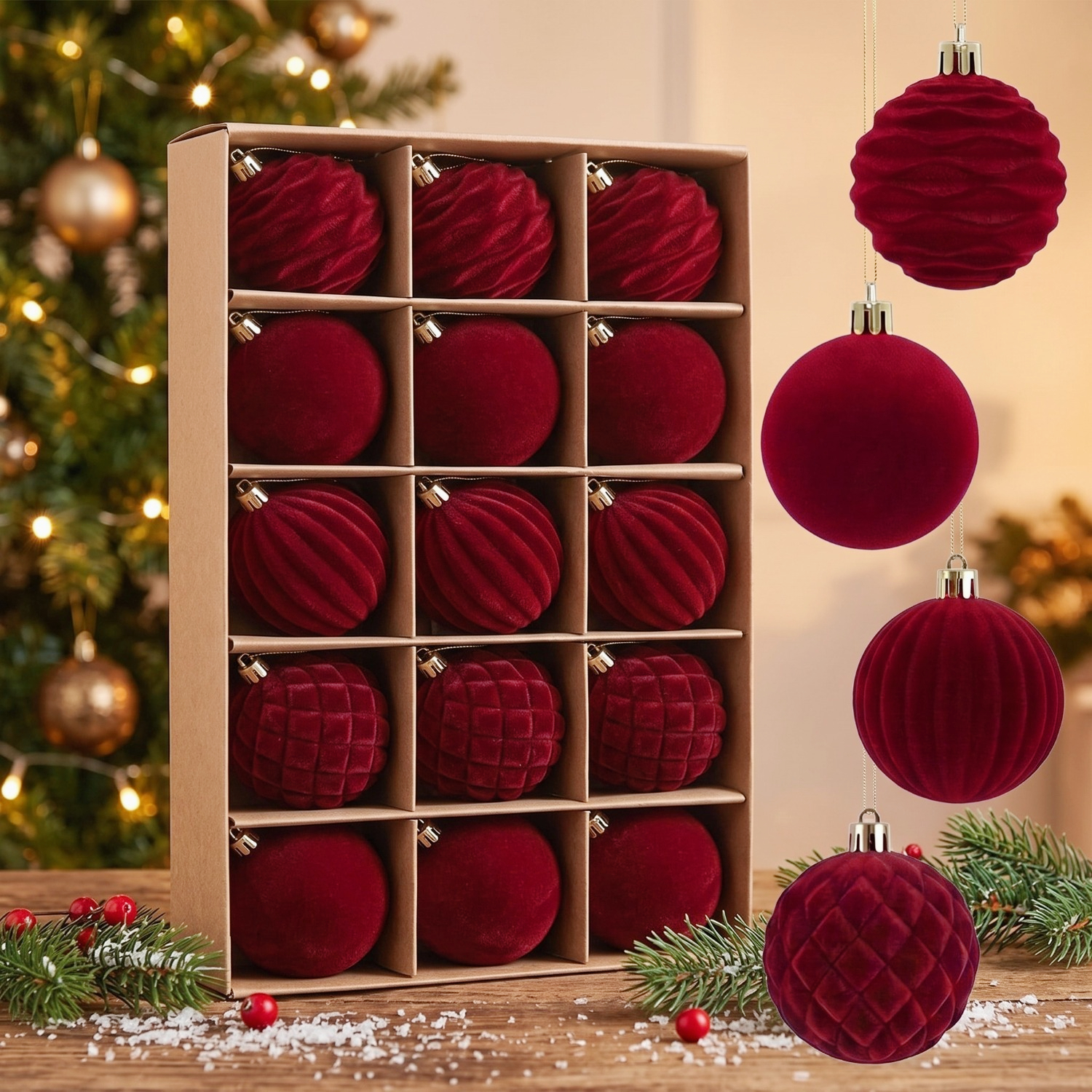 TEMU Set da 15 palline natalizie in velluto , decorazioni per albero di Natale testurizzate e ghiacciate con motivi in , set di palline da appendere