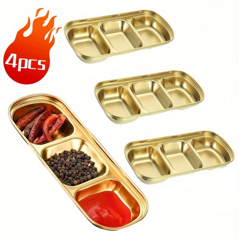 

4pcs Elegant Gold-plated Stainless Steel Condiment Serving Set - Easy-clean, Multi-compartment Trays For Sauces, Snacks & , Home & Restaurant Use, Dipping Sauce Cups