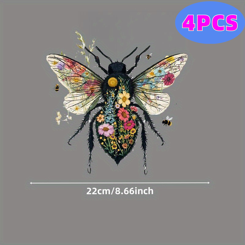 TEMU 4pcs Set Of Fashionably Designed 2d Flat Heat Transfer Stickers, Featuring Vibrant Floral And Bee Heat Transfer Designs, Unique Decorations, And