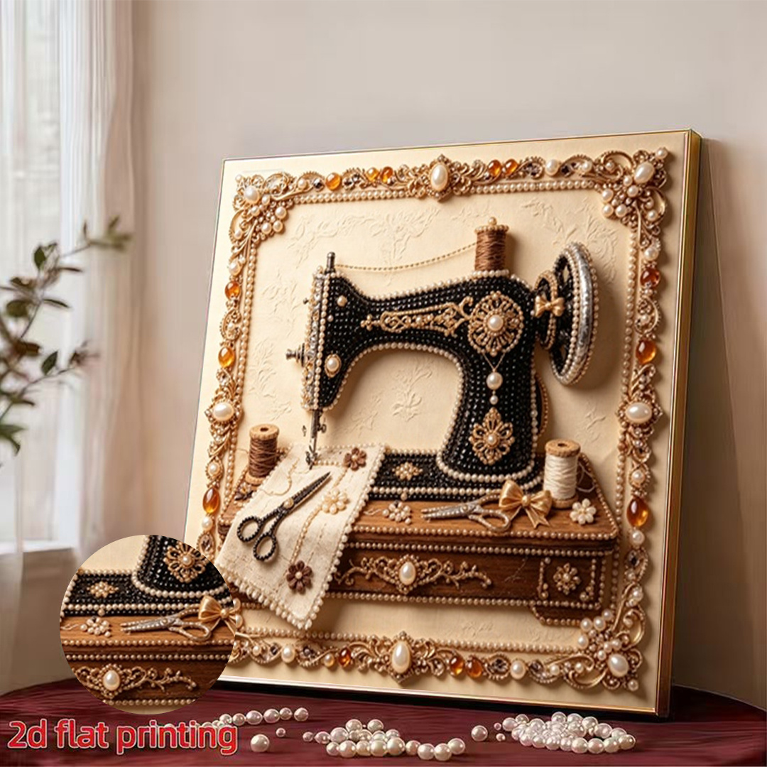 TEMU 1pc, 2d 2d 2d Drill Painting, Vintage Sewing Machine , Diy Handmade Rhinestone Sticking Creative Drill Painting Kit With Tools And Pearl Drill