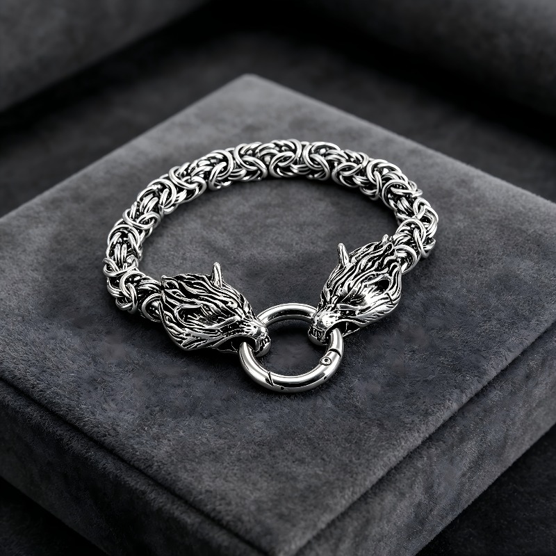 Men's Double Wolf Head Stainless Steel Bracelet, Retro Style