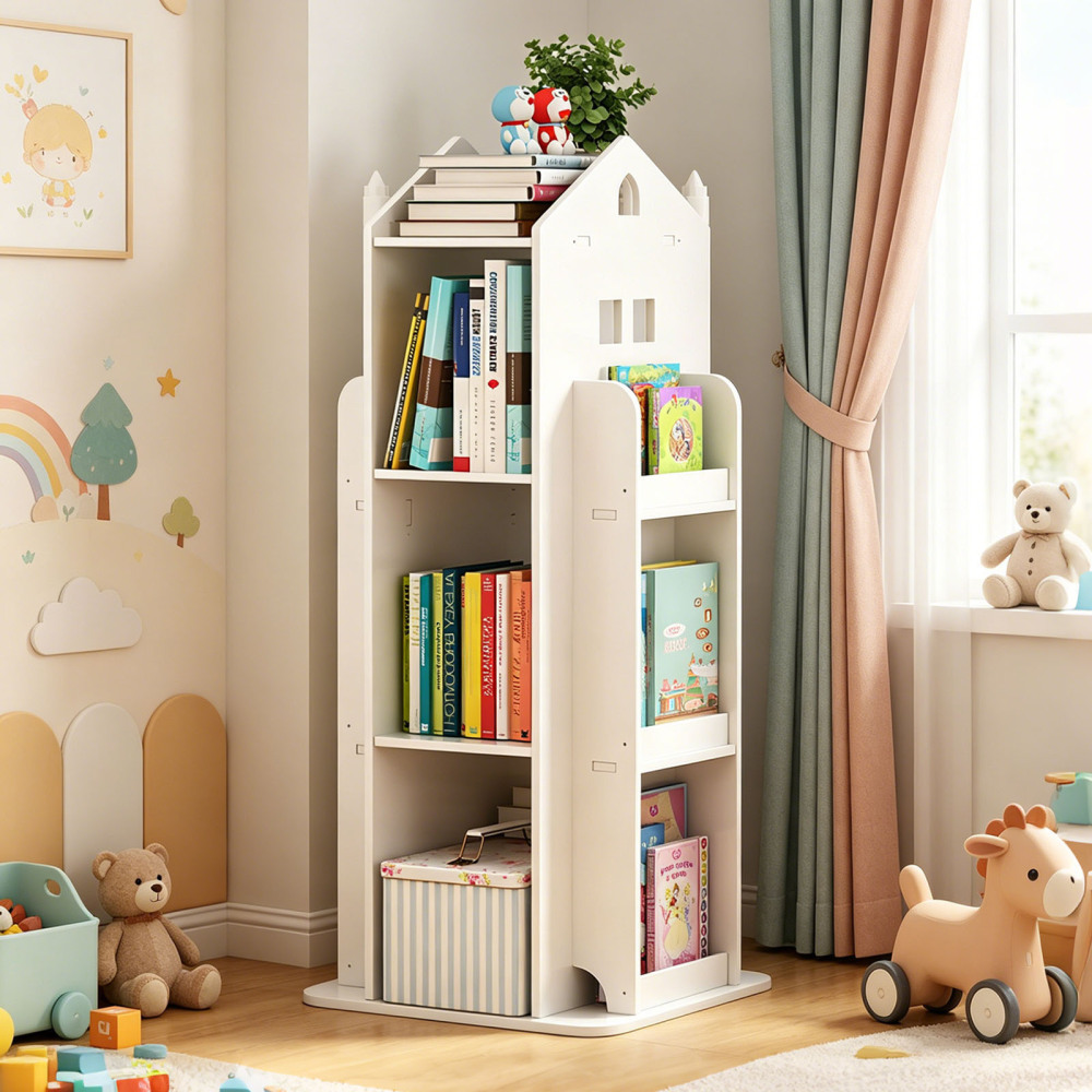4-Tier Rotating Bookshelf, 360° Display Book Shelf, Floor Standing Bookcase, Children's Bookshelves for Bedroom, Living Room, Study Room ( WHITE Color)