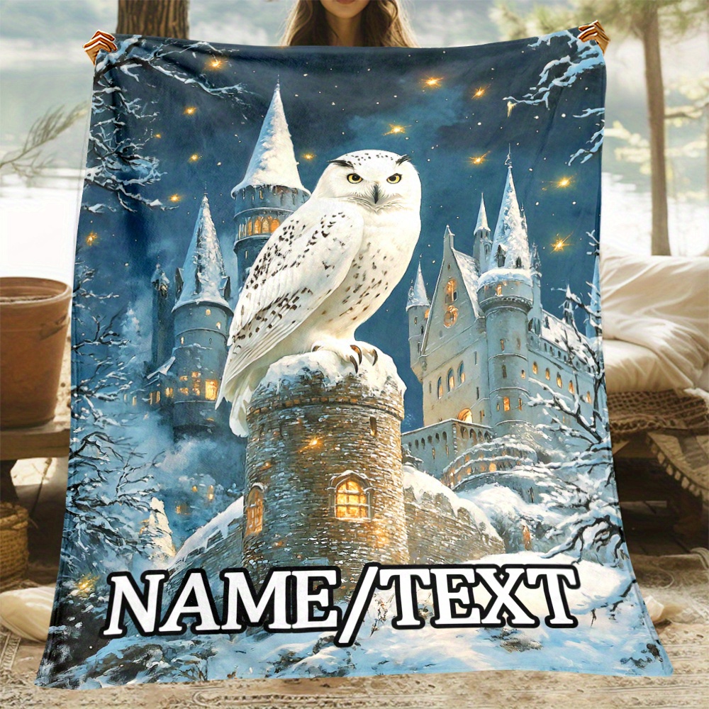 

Personalized Castle & Owl Flannel Throw Blanket - Soft, Lightweight Custom Name Print For Sofa, Bed, - Polyester, Perfect Gift For Family & Friends