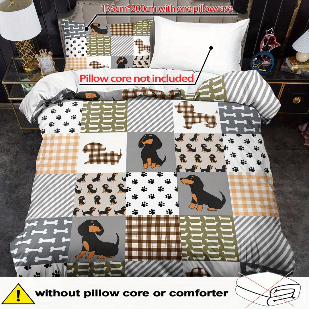 E-shop Bettwäsche-Set 2/3-teilig mit einem niedlichen karierten Wursthund-Print, Bettwäsche im König- und Königin-Stil, hergestellt aus