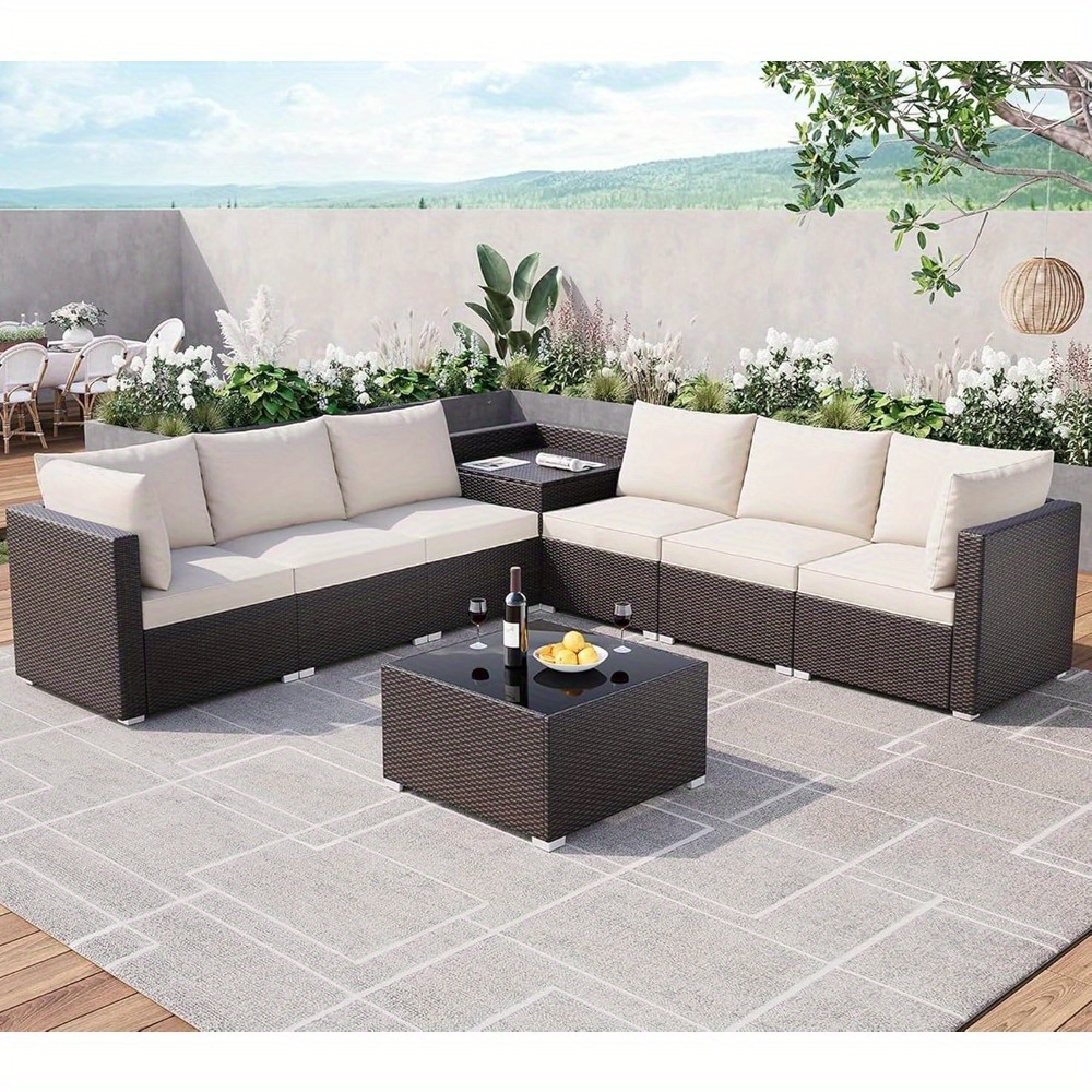 GAOMON 8pcs All-Weather Outdoor Patio Furniture Set - Rattan Wicker Sectional Sofa with Glass Table & Storage Box, Durable Weather-Resistant Design for Garden, Balcony, or Patio Use, Patio Furniture Set, Balcony Seating, Modern Patio Decor, Easyclean Material