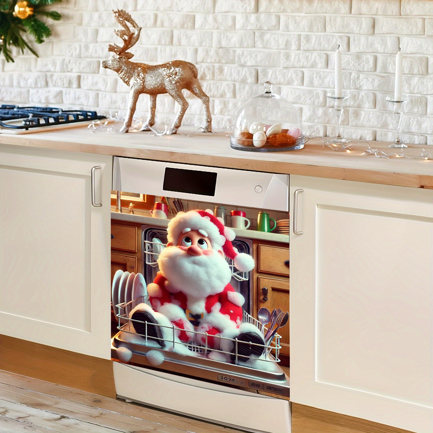 TEMU 2d Vinyl Santa Claus Dishwasher & Refrigerator Door Sticker - Cute Christmas Appliance Cover With Removal, Washable Pvc Decal For Dishwasher,