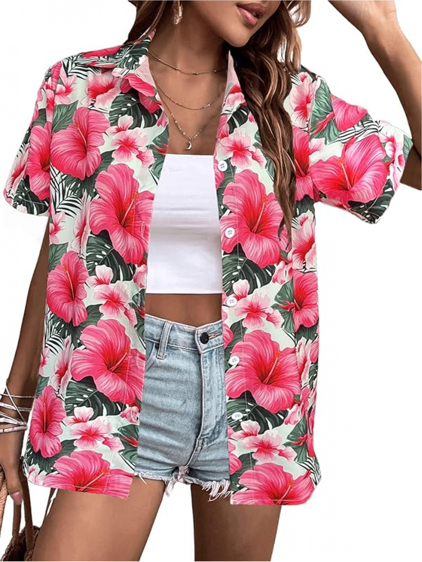 womens hawaiian shirt short sleeve button collar t shirt   plumeria print beachwear hawaiian party outfit button front top suitable for vacation luau hawaiian banquet machine washable spring summer clothing
