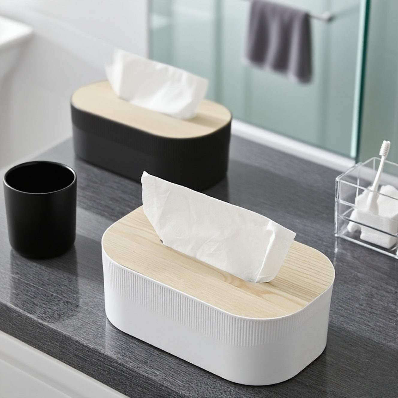 modern white black tissue box with lid durable plastic rectangular storage organizer with rounded edges decorative lid open   for bathroom living room office multi purpose napkin tissue storage space saving   decor in black white or brown compatible with tissues fits dressing table countertop decorative tissue box holder Product details 0