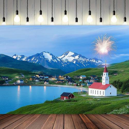 1pc island alaska fireworks banner vibrant night sky with snow capped mountains cozy village scene polyester home decoration for living room bedroom office and birthday parties 39x59 51 18x59 70 8x90 5 inch holiday decor landscape decor durable polyester outdoor decor