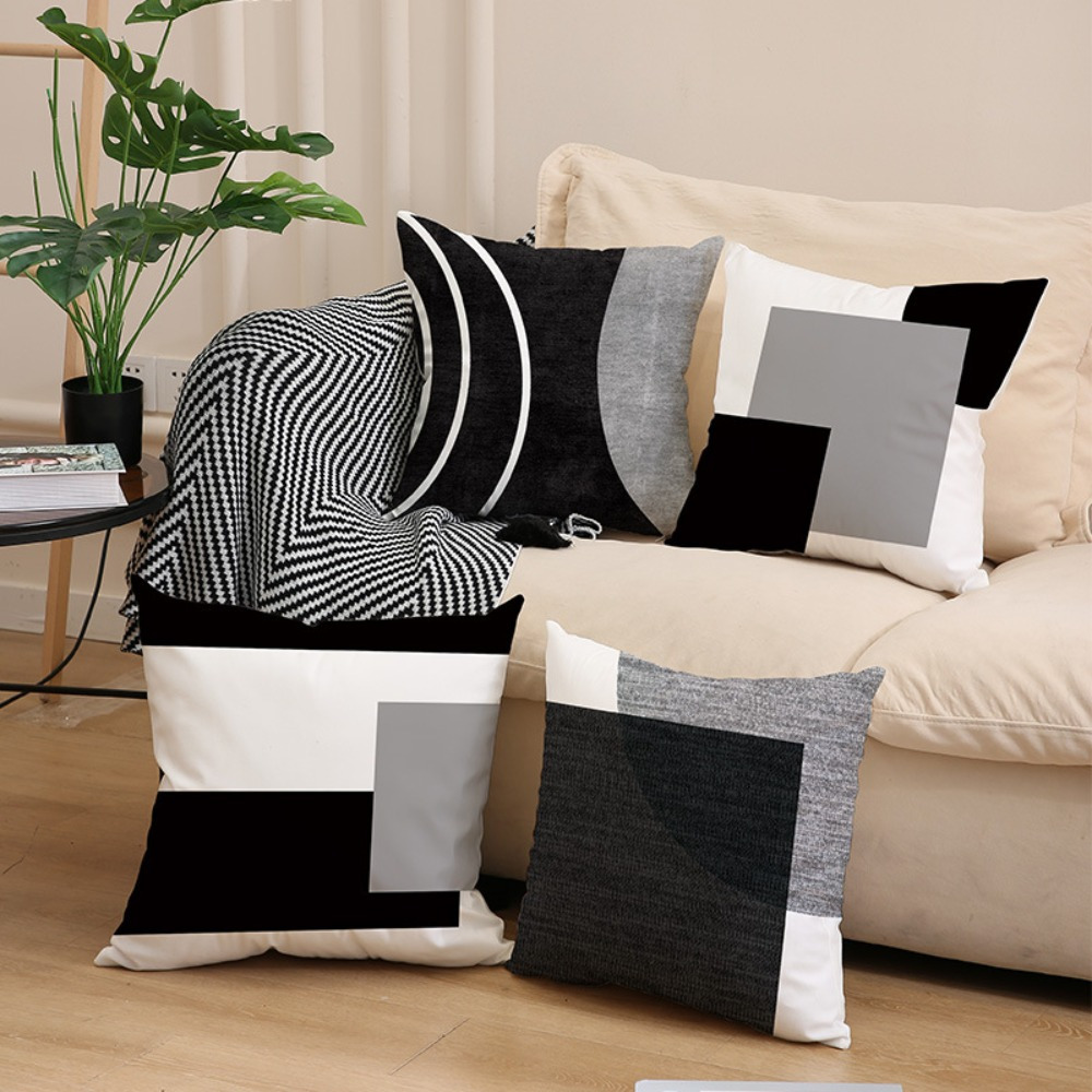 4pcs of black geometric   printed zipper pillowcase double sided polyester printed pattern zipper closed home decoration living room bedroom and sofa home decoration not included in the pillow Product details 2